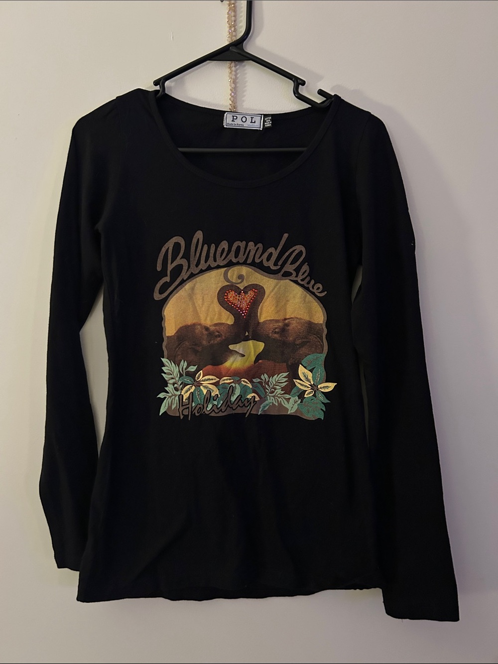POL Black Long Sleeve Tee with Multicolor Nature Graphic